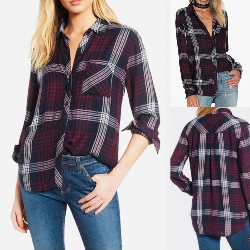 Rails Navy/Merlot Plaid Hunter Button Up long sleeve Shirt small Chest Pocket.